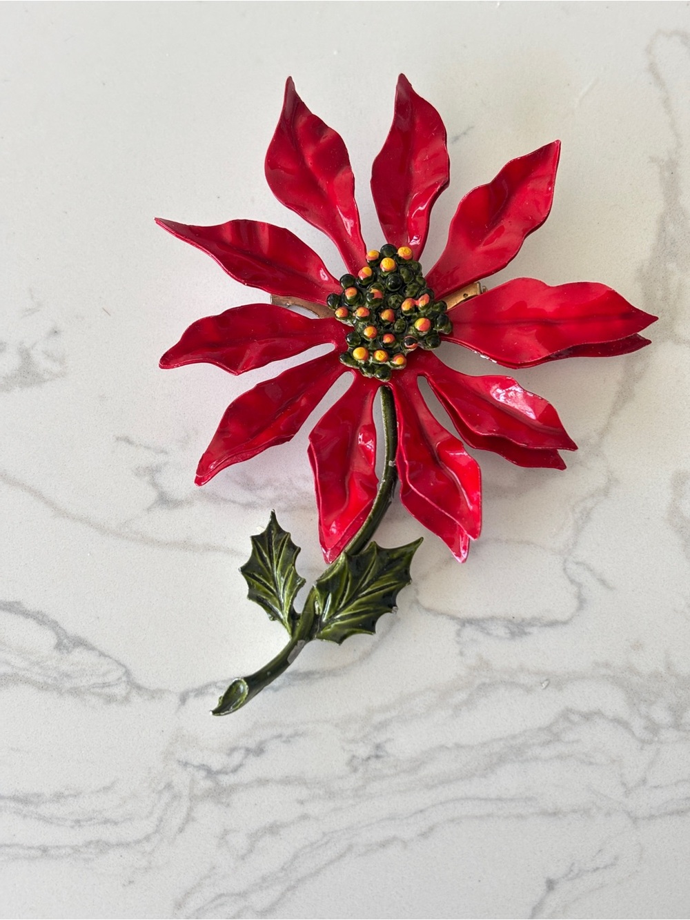 Vintage enamel and metal pin, red poinsettia